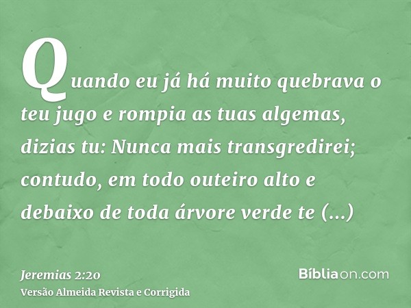 Quando eu já há muito quebrava o teu jugo e rompia as tuas algemas, dizias tu: Nunca mais transgredirei; contudo, em todo outeiro alto e debaixo de toda árvore 