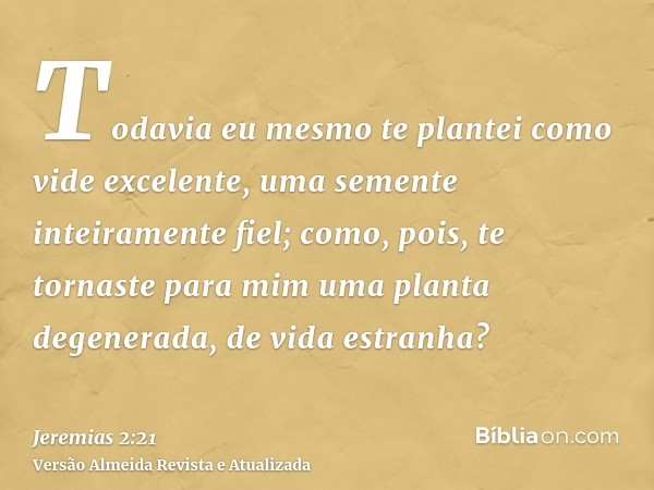 Todavia eu mesmo te plantei como vide excelente, uma semente inteiramente fiel; como, pois, te tornaste para mim uma planta degenerada, de vida estranha?