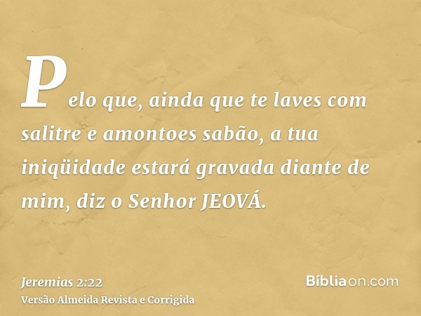 Pelo que, ainda que te laves com salitre e amontoes sabão, a tua iniqüidade estará gravada diante de mim, diz o Senhor JEOVÁ.