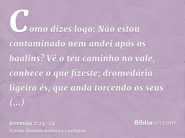 Como dizes logo: Não estou contaminado nem andei após os baalins? Vê o teu caminho no vale, conhece o que fizeste; dromedária ligeira és, que anda torcendo os s