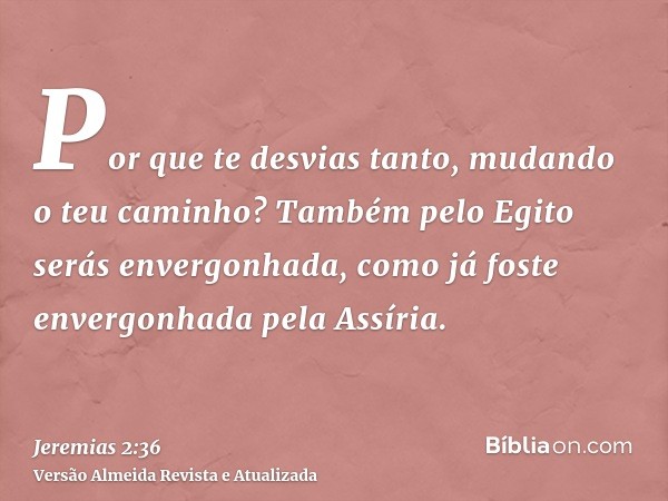 Por que te desvias tanto, mudando o teu caminho? Também pelo Egito serás envergonhada, como já foste envergonhada pela Assíria.