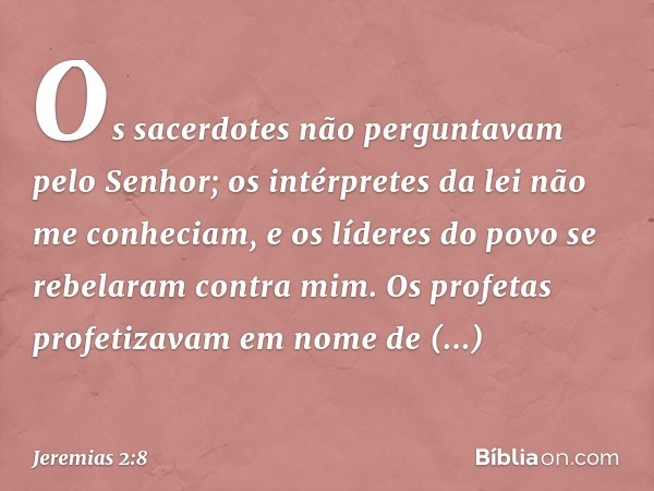 Os sacerdotes não perguntavam pelo Senhor;
os intérpretes da lei não me conheciam,
e os líderes do povo
se rebelaram contra mim.
Os profetas profetizavam
em nom