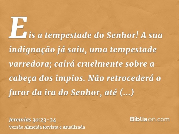 Eis a tempestade do Senhor! A sua indignação já saiu, uma tempestade varredora; cairá cruelmente sobre a cabeça dos impios.Não retrocederá o furor da ira do Sen