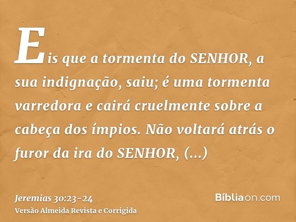 Eis que a tormenta do SENHOR, a sua indignação, saiu; é uma tormenta varredora e cairá cruelmente sobre a cabeça dos ímpios.Não voltará atrás o furor da ira do 