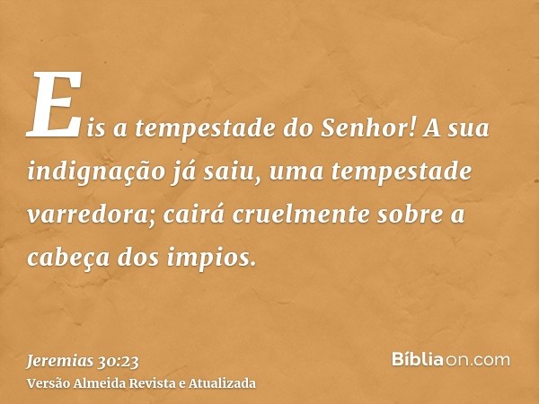 Eis a tempestade do Senhor! A sua indignação já saiu, uma tempestade varredora; cairá cruelmente sobre a cabeça dos impios.