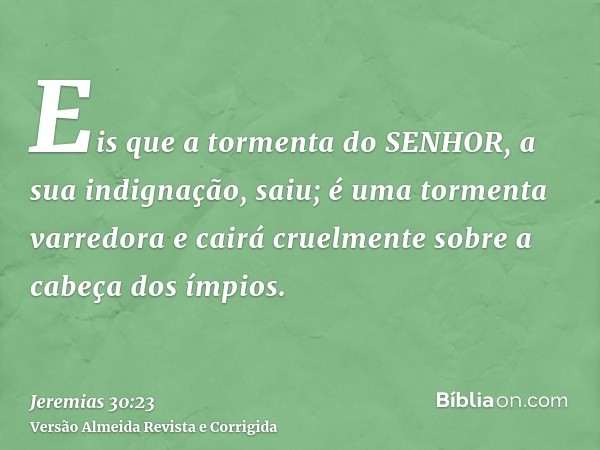 Eis que a tormenta do SENHOR, a sua indignação, saiu; é uma tormenta varredora e cairá cruelmente sobre a cabeça dos ímpios.