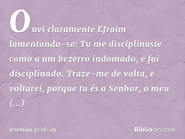 "Ouvi claramente Efraim
lamentando-se:
'Tu me disciplinaste
como a um bezerro indomado,
e fui disciplinado.
Traze-me de volta, e voltarei,
porque tu és o Senhor