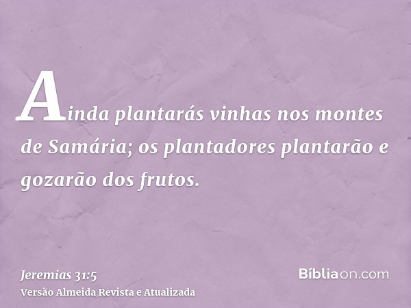 Ainda plantarás vinhas nos montes de Samária; os plantadores plantarão e gozarão dos frutos.