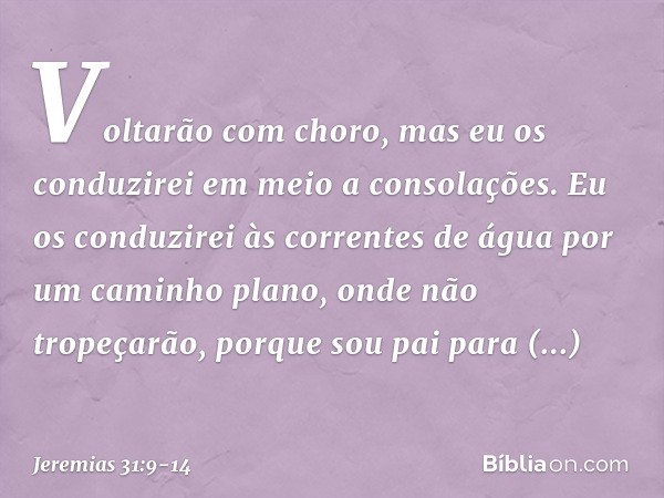 Voltarão com choro,
mas eu os conduzirei
em meio a consolações.
Eu os conduzirei às correntes de água
por um caminho plano,
onde não tropeçarão,
porque sou pai 