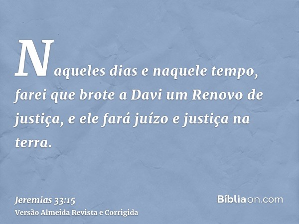 Naqueles dias e naquele tempo, farei que brote a Davi um Renovo de justiça, e ele fará juízo e justiça na terra.