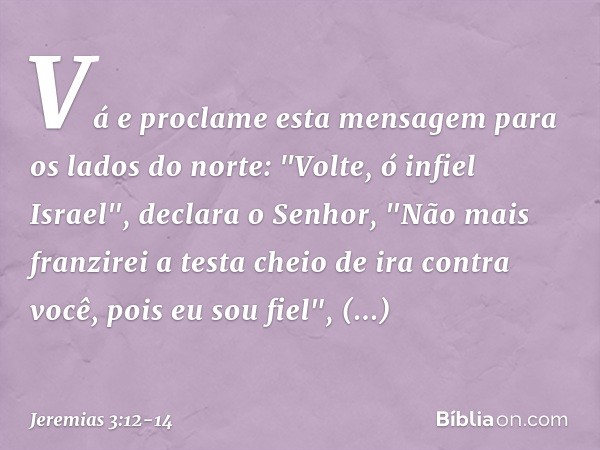 Vá e proclame esta mensagem para os lados do norte:
"Volte, ó infiel Israel",
declara o Senhor,
"Não mais franzirei a testa
cheio de ira contra você,
pois eu so