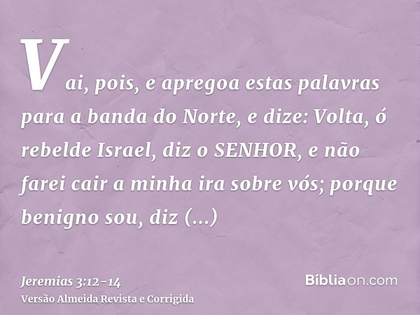 Vai, pois, e apregoa estas palavras para a banda do Norte, e dize: Volta, ó rebelde Israel, diz o SENHOR, e não farei cair a minha ira sobre vós; porque benigno