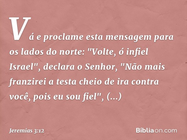 Vá e proclame esta mensagem para os lados do norte:
"Volte, ó infiel Israel",
declara o Senhor,
"Não mais franzirei a testa
cheio de ira contra você,
pois eu so