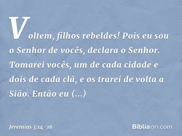 "Voltem, filhos rebeldes! Pois eu sou o Senhor de vocês", declara o Senhor. "Tomarei vocês, um de cada cidade e dois de cada clã, e os trarei de volta a Sião. E