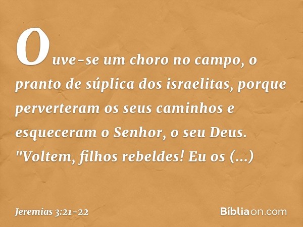 Ouve-se um choro no campo,
o pranto de súplica dos israelitas,
porque perverteram os seus caminhos
e esqueceram o Senhor, o seu Deus. "Voltem, filhos rebeldes!
