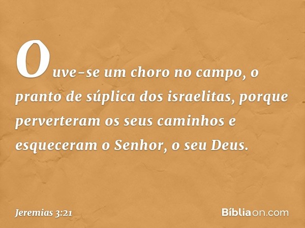 Ouve-se um choro no campo,
o pranto de súplica dos israelitas,
porque perverteram os seus caminhos
e esqueceram o Senhor, o seu Deus. -- Jeremias 3:21