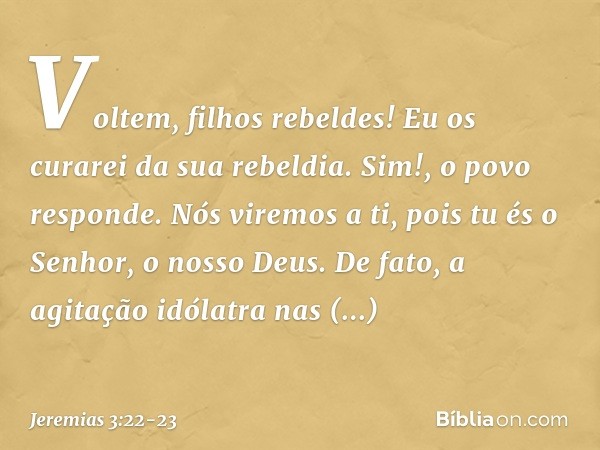 "Voltem, filhos rebeldes!
Eu os curarei da sua rebeldia".
"Sim!", o povo responde.
"Nós viremos a ti,
pois tu és o Senhor, o nosso Deus. De fato, a agitação idó