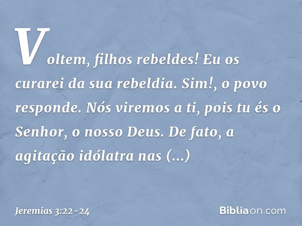 "Voltem, filhos rebeldes!
Eu os curarei da sua rebeldia".
"Sim!", o povo responde.
"Nós viremos a ti,
pois tu és o Senhor, o nosso Deus. De fato, a agitação idó