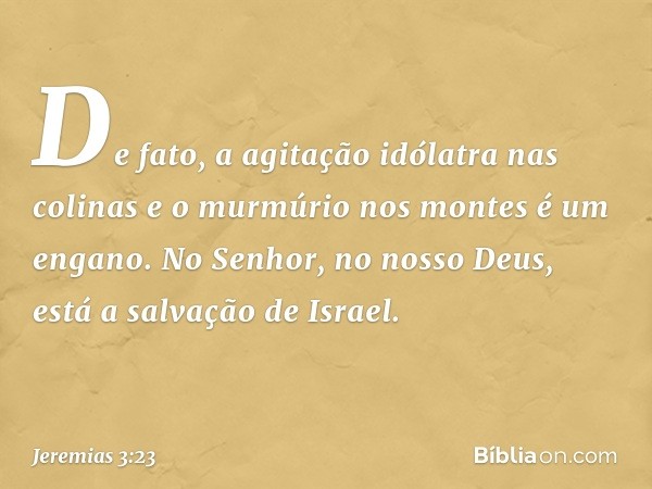 De fato, a agitação idólatra nas colinas
e o murmúrio nos montes é um engano.
No Senhor, no nosso Deus,
está a salvação de Israel. -- Jeremias 3:23