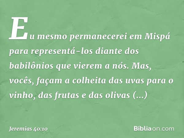 Eu mesmo permanecerei em Mispá para representá-los diante dos babilônios que vierem a nós. Mas, vocês, façam a colheita das uvas para o vinho, das frutas e das 