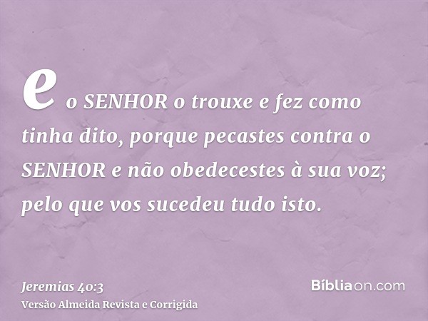e o SENHOR o trouxe e fez como tinha dito, porque pecastes contra o SENHOR e não obedecestes à sua voz; pelo que vos sucedeu tudo isto.