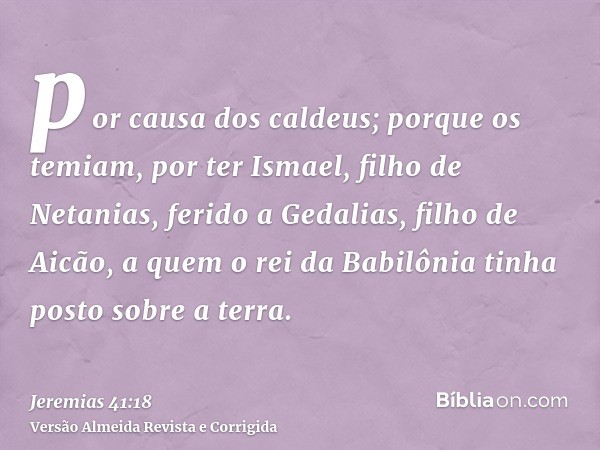 por causa dos caldeus; porque os temiam, por ter Ismael, filho de Netanias, ferido a Gedalias, filho de Aicão, a quem o rei da Babilônia tinha posto sobre a ter