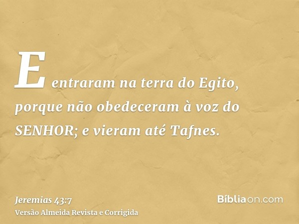 E entraram na terra do Egito, porque não obedeceram à voz do SENHOR; e vieram até Tafnes.