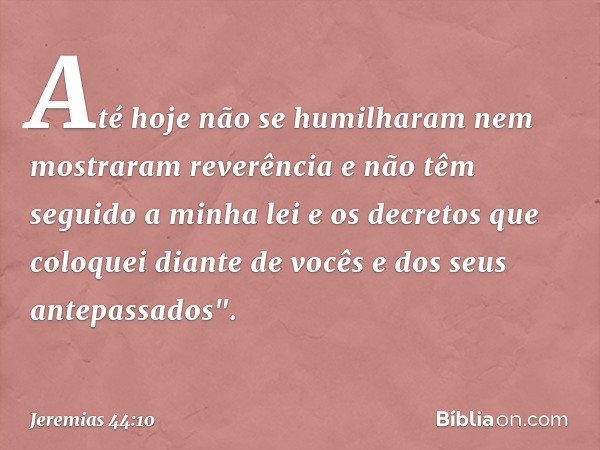 Até hoje não se humilharam nem mostraram reverência e não têm seguido a minha lei e os decretos que colo­quei diante de vocês e dos seus antepassados". -- Jerem