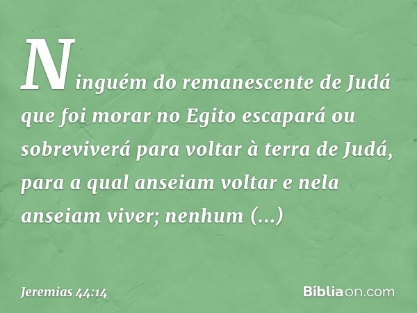 Ninguém do remanescente de Judá que foi morar no Egito escapará ou sobreviverá para voltar à terra de Judá, para a qual anseiam voltar e nela anseiam viver; nen