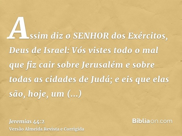 Assim diz o SENHOR dos Exércitos, Deus de Israel: Vós vistes todo o mal que fiz cair sobre Jerusalém e sobre todas as cidades de Judá; e eis que elas são, hoje,