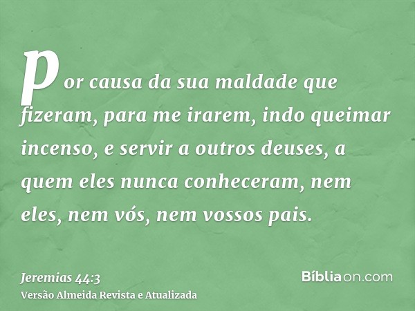 por causa da sua maldade que fizeram, para me irarem, indo queimar incenso, e servir a outros deuses, a quem eles nunca conheceram, nem eles, nem vós, nem vosso