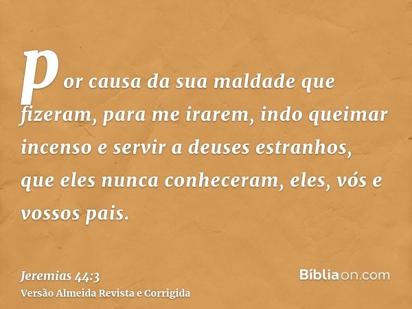 por causa da sua maldade que fizeram, para me irarem, indo queimar incenso e servir a deuses estranhos, que eles nunca conheceram, eles, vós e vossos pais.