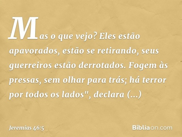 Mas o que vejo?
Eles estão apavorados,
estão se retirando,
seus guerreiros estão derrotados.
Fogem às pressas, sem olhar para trás;
há terror por todos os lados