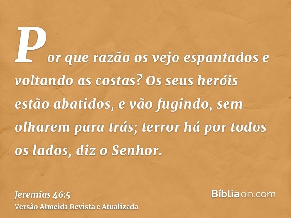 Por que razão os vejo espantados e voltando as costas? Os seus heróis estão abatidos, e vão fugindo, sem olharem para trás; terror há por todos os lados, diz o 