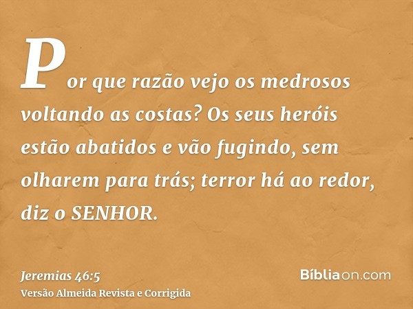 Por que razão vejo os medrosos voltando as costas? Os seus heróis estão abatidos e vão fugindo, sem olharem para trás; terror há ao redor, diz o SENHOR.