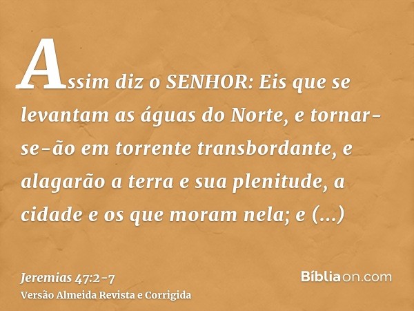 Assim diz o SENHOR: Eis que se levantam as águas do Norte, e tornar-se-ão em torrente transbordante, e alagarão a terra e sua plenitude, a cidade e os que moram