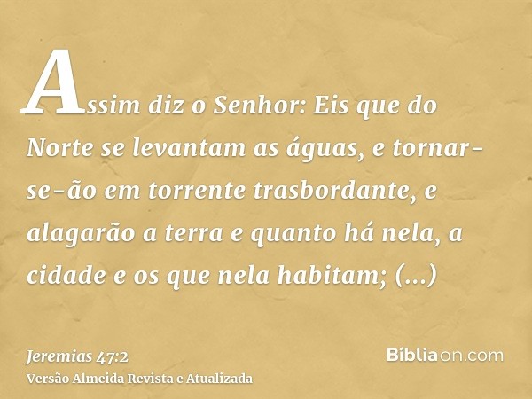 Assim diz o Senhor: Eis que do Norte se levantam as águas, e tornar-se-ão em torrente trasbordante, e alagarão a terra e quanto há nela, a cidade e os que nela 