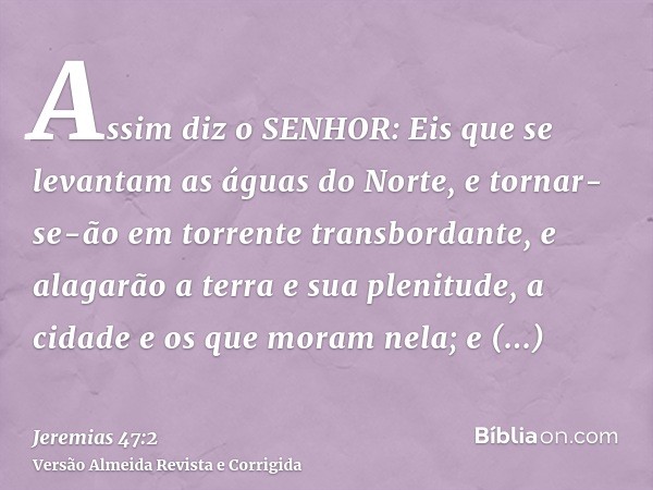 Assim diz o SENHOR: Eis que se levantam as águas do Norte, e tornar-se-ão em torrente transbordante, e alagarão a terra e sua plenitude, a cidade e os que moram