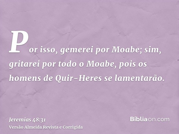 Por isso, gemerei por Moabe; sim, gritarei por todo o Moabe, pois os homens de Quir-Heres se lamentarão.