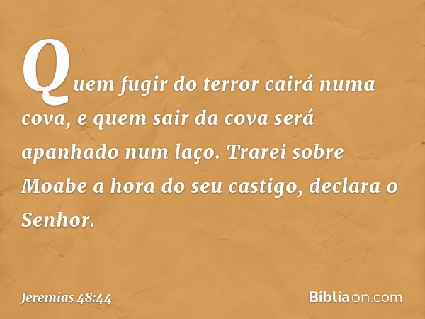 "Quem fugir do terror
cairá numa cova,
e quem sair da cova
será apanhado num laço.
Trarei sobre Moabe
a hora do seu castigo",
declara o Senhor. -- Jeremias 48:4