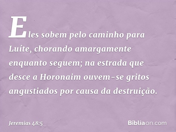 Eles sobem pelo caminho para Luíte,
chorando amargamente
enquanto seguem;
na estrada que desce a Horonaim
ouvem-se gritos angustiados
por causa da destruição. -