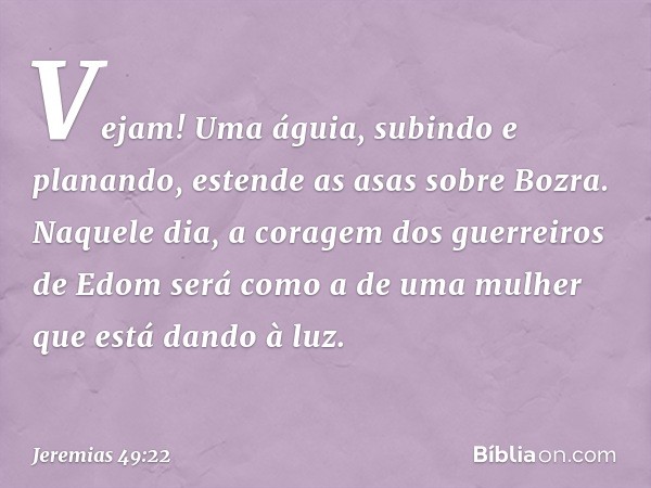 Vejam! Uma águia,
subindo e planando,
estende as asas sobre Bozra.
Naquele dia,
a coragem dos guerreiros de Edom
será como a de uma mulher que está dando à luz.