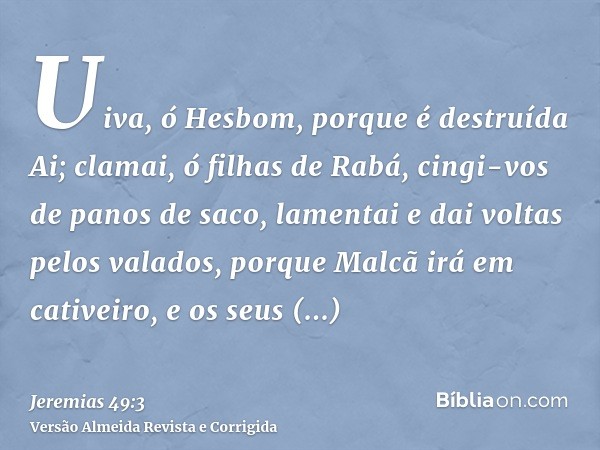 Uiva, ó Hesbom, porque é destruída Ai; clamai, ó filhas de Rabá, cingi-vos de panos de saco, lamentai e dai voltas pelos valados, porque Malcã irá em cativeiro,