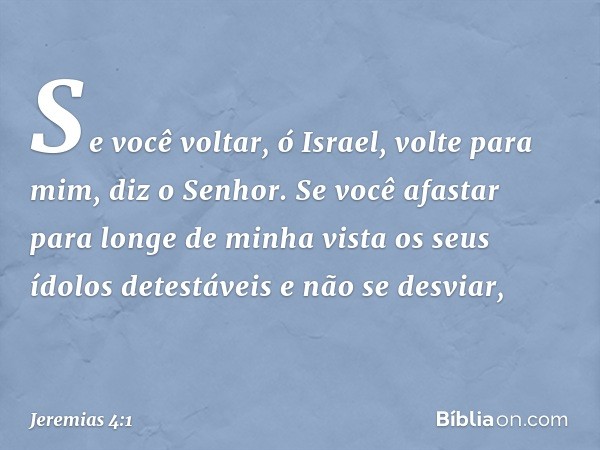 "Se você voltar, ó Israel,
volte para mim", diz o Senhor.
"Se você afastar
para longe de minha vista
os seus ídolos detestáveis
e não se desviar, -- Jeremias 4: