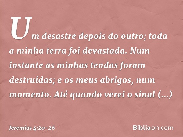 Um desastre depois do outro;
toda a minha terra foi devastada.
Num instante as minhas tendas
foram destruídas;
e os meus abrigos, num momento. Até quando verei 