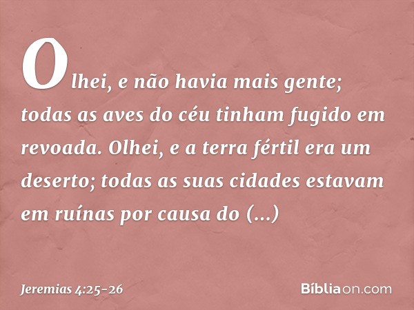 Olhei, e não havia mais gente;
todas as aves do céu
tinham fugido em revoada. Olhei, e a terra fértil era um deserto;
todas as suas cidades estavam em ruínas
po