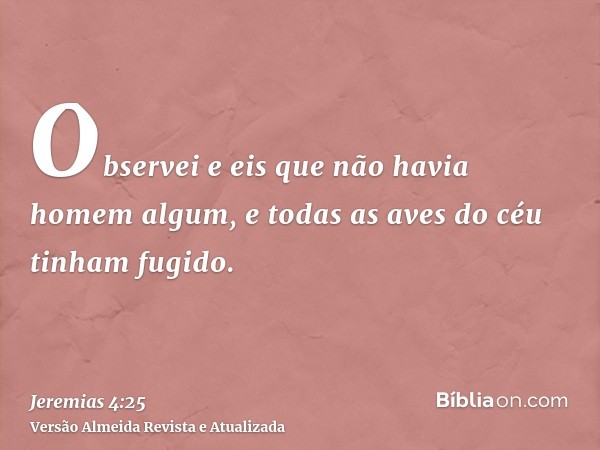 Observei e eis que não havia homem algum, e todas as aves do céu tinham fugido.