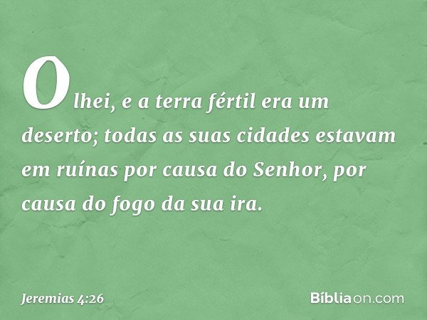 Olhei, e a terra fértil era um deserto;
todas as suas cidades estavam em ruínas
por causa do Senhor,
por causa do fogo da sua ira. -- Jeremias 4:26