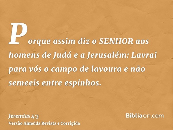 Porque assim diz o SENHOR aos homens de Judá e a Jerusalém: Lavrai para vós o campo de lavoura e não semeeis entre espinhos.