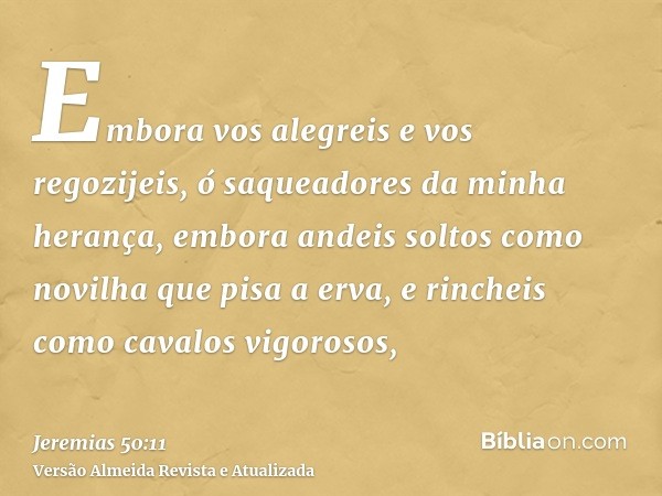 Embora vos alegreis e vos regozijeis, ó saqueadores da minha herança, embora andeis soltos como novilha que pisa a erva, e rincheis como cavalos vigorosos,